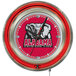 A white Holland Bar Stool clock with the University of Alabama logo and text in neon.
