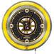 A white Holland Bar Stool clock with the Boston Bruins logo and numbers in neon.
