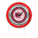A red and white clock with an Indian Motorcycle logo.