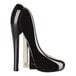 A black high heeled stapler in the shape of a shoe with a silver metal clip.