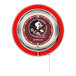 A Holland Bar Stool Florida State University neon clock with a logo on it.