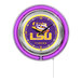 A white clock with a purple and yellow Louisiana State University logo.