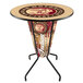 A round bar table with an Indian Motorcycle logo on it.