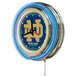 A blue and gold clock with the Notre Dame Fighting Irish logo.