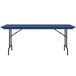 A blue rectangular Correll plastic folding table with black legs.