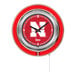 A round wall clock with a red neon border and the University of Nebraska logo in the center.