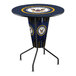 A round navy blue Holland Bar Stool table with a United States Navy emblem on it.
