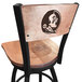 A black steel bar height swivel chair with a maple back and seat and Florida State University logo engraving.