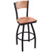 A black steel bar stool with maple wood back and seat engraved with "Florida State University" in black.