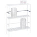 A white metal shelf with a Channel KS160 Rear Keg Rack Strap holding two kegs.