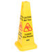 A yellow cone-shaped sign with black and red text that reads "Caution Wet Floor"