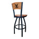 A black steel bar stool with a maple wood seat and back engraved with a United States Navy logo.