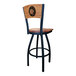 A black steel bar stool with a laser engraved Indian Motorcycle maple wood seat and back.