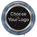 A white clock with a blue rim and a red hand and a blue and silver NCAA logo in the center.
