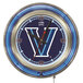 A blue and white clock with the Villanova University logo and a letter V in the center.