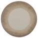 A white round melamine plate with a brown crackle-finished border.