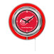 A white and red clock with a silver frame and the Detroit Red Wings logo.