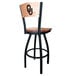 A black steel bar height chair with a maple back and seat and the University of Oklahoma logo laser engraved on it.