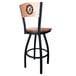 A black steel bar height swivel chair with maple wood back and seat with a University of Alabama logo engraved on it.