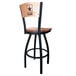 A black steel bar stool with maple wood back and seat and a United States Army logo laser engraved on the back.
