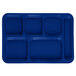 A blue Carlisle polypropylene tray with six compartments.