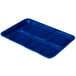 A blue Carlisle polypropylene tray with six compartments.