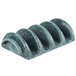 A blue and green plastic taco server with four shell-shaped holders.