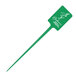 A green plastic rectangular pick with a white design on the label.