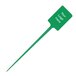 A green plastic rectangular pick with white text.