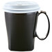 a black coffee mug with a white lid