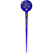 A blue plastic disc pick with a yellow and green design.