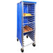 A blue vinyl cover on a bun pan rack.