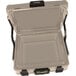 A grey FireKing lockable chest with black handles.