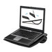 A black Fellowes laptop riser with a laptop on it.