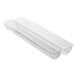 A clear plastic container with a long rectangular bottom and two semicircle compartments.