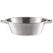 A silver stainless steel Vollrath utility pail with two handles.