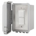 A white rectangular Schwank patio heater control box with two switches and a square in the middle.
