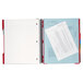 A red spiral bound Five Star notebook with college ruled paper and a pen on top.