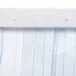 A close-up of a white curtain with blue stripes.