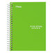 A green Mead notebook with a spiral binding.