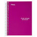 A purple spiral notebook with white writing on the cover.