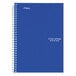 A close-up of a blue spiral Mead notebook with white college rule lines.