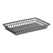 A black polyethylene coated iron rectangular grid basket with a wire handle.