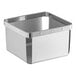 A silver stainless steel square berry basket with a square top.