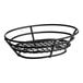 A black poly coated iron oval wire basket with a raised grid base.