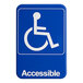 A blue and white sign that says "Handicap Accessible" with a white symbol.