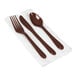 A set of brown plastic cutlery including a fork, knife, and spoon, placed on a white pre-rolled napkin.