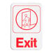 A white Vollrath Traex exit sign with red text and a red line drawing of a person walking through a door.