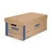 A brown Banker's Box with blue writing on it.