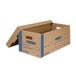 A brown cardboard Banker's Box with blue labels and a blue lid.